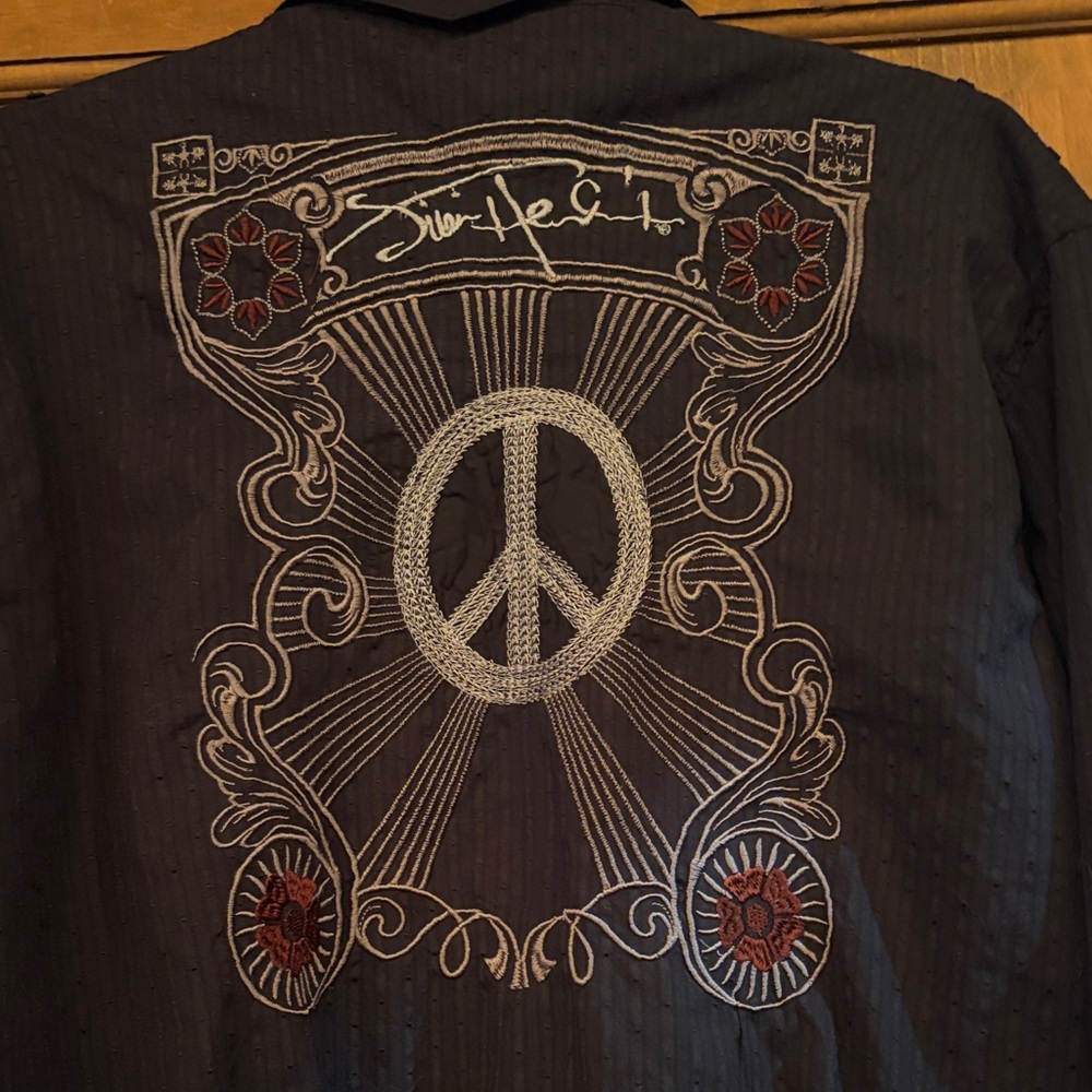 Men's Black Embroidered Peace Sign Shirt